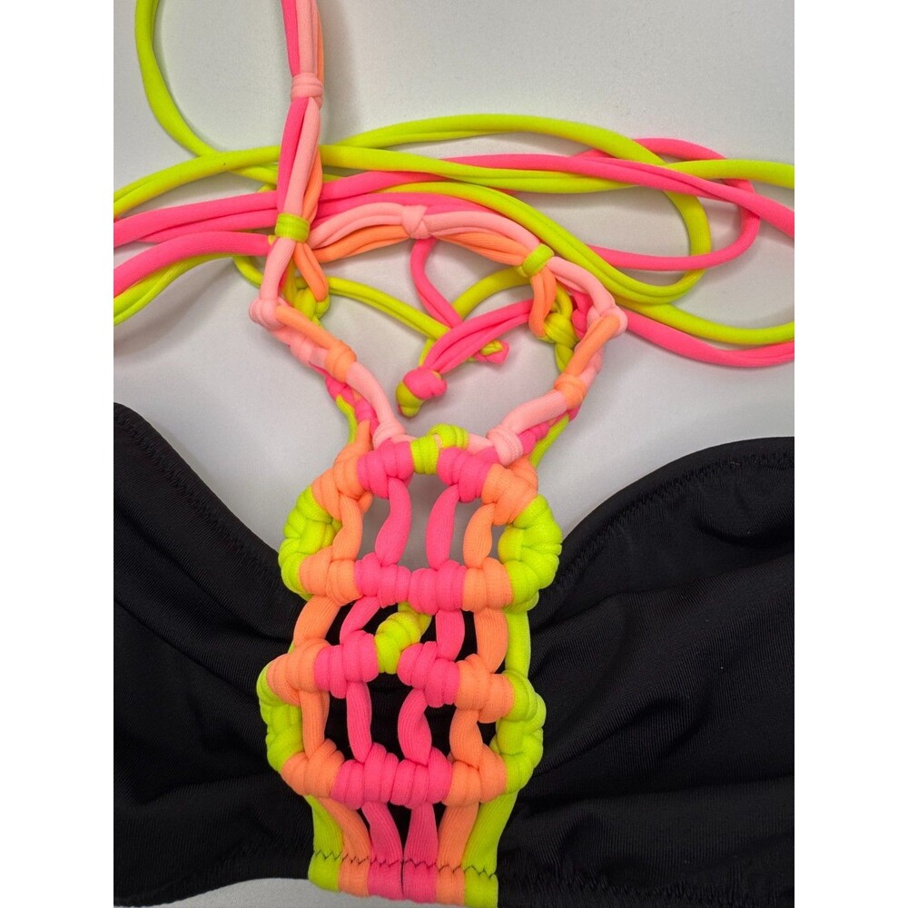Victoria's Secret Black Hot Pink Orange Yellow NEON Strappy Cheeky Swim Set Med - Picture 9 of 16